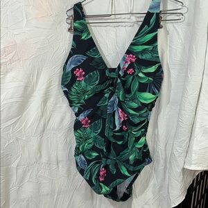 KOna sol Tropical Leaf One-Piece Swimsuit with Pink Floral Accents size 16 NWT